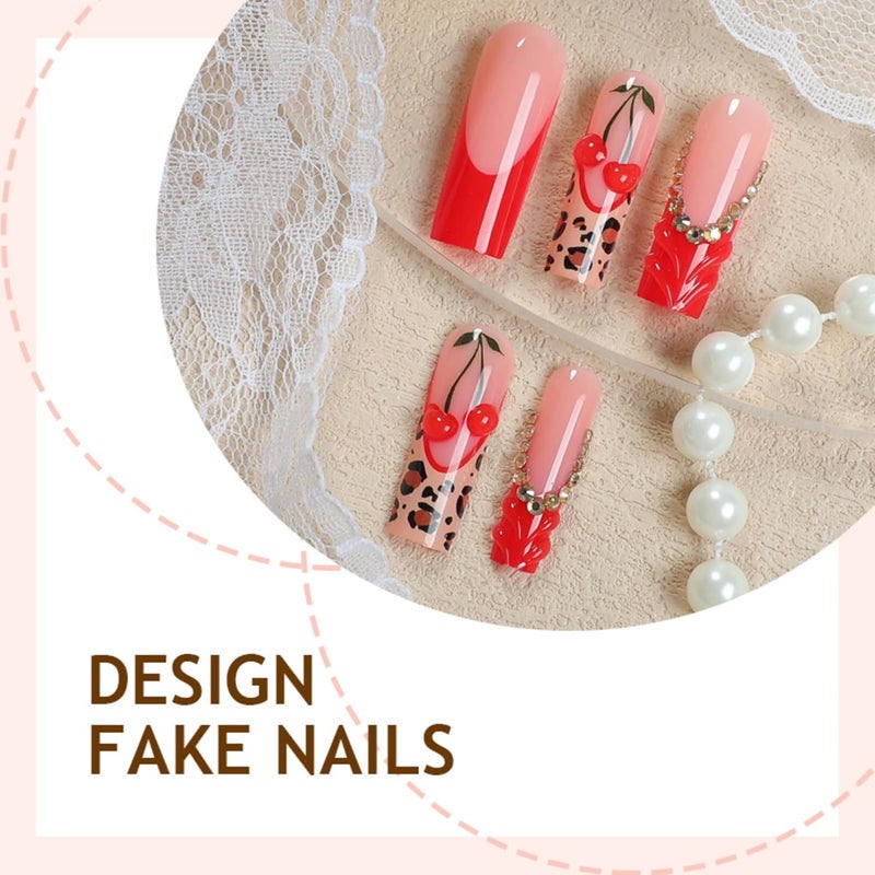 SEENEEY Long Press on Nails Square Red Cherry Stick on Nail for Women 24pcs - Image 2